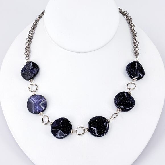 Vintage Sterling Silver 925 Blue Goldstone Beaded Necklace 17" - Picture 1 of 6